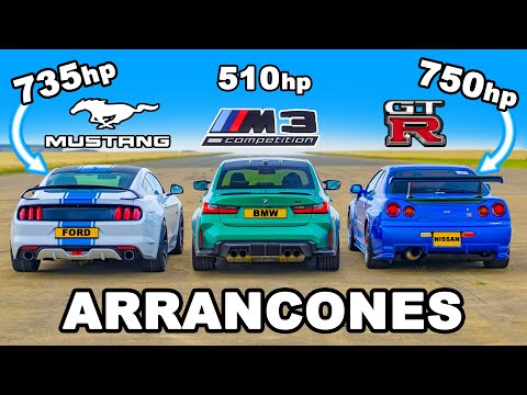750hp Nissan Skyline R34 GT-R vs 735hp Mustang vs BMW M3: ARRANCONES