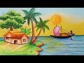 How to draw scenery of River side Village.Step by step (easy draw)