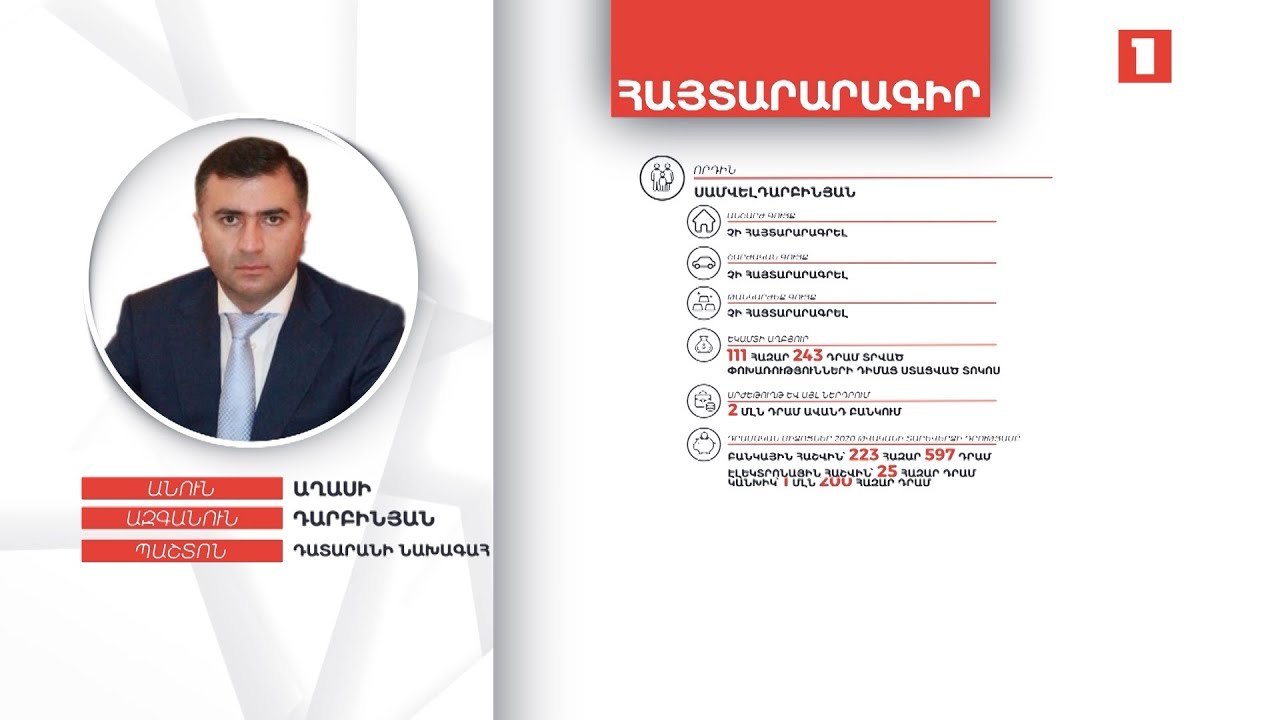 Դատարանի նախագահ Աղասի Դարբինյանի գույքի և եկամուտների հայտարարագիրը