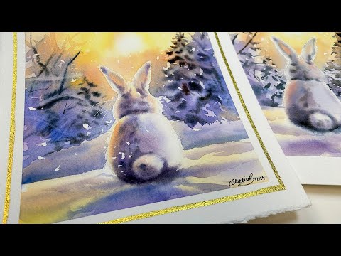 Watercolor Christmas Card Painting - A Bunny in a Winter Wonderland