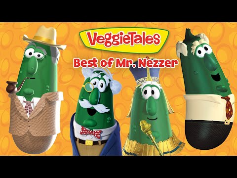 VeggieTales banner with four costumed vegetables under the title 'Best of Mr. Nezz' on an orange patterned background.