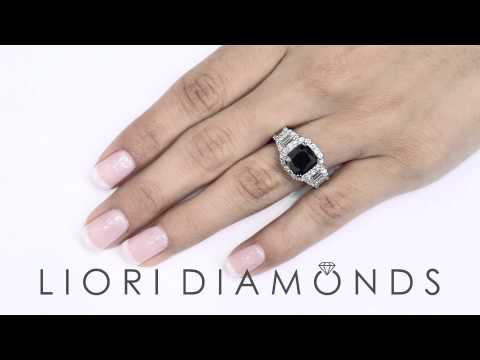 BDR- 144 - 5.88 Carat Cushion Cut Natural Black Diamond Engagement Ring 14k Vintage Style