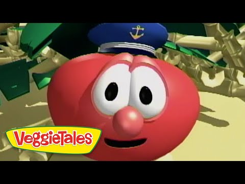 Close-up of a red round VeggieTales character with large eyes, a blue captain's hat with an anchor, and a smile.