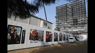 工事中の福山城に登場した「信長の野望」大型デザインシート