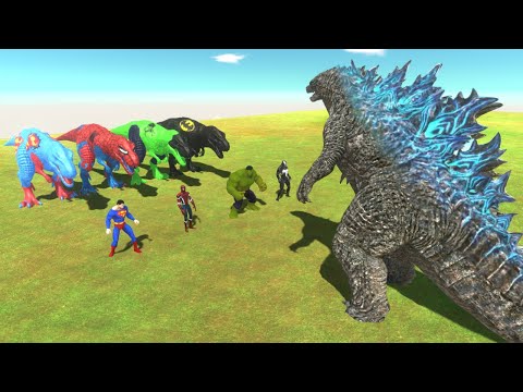 Godzilla vs Team Super Hero and T-rex - Animal Revolt Battle Simulator