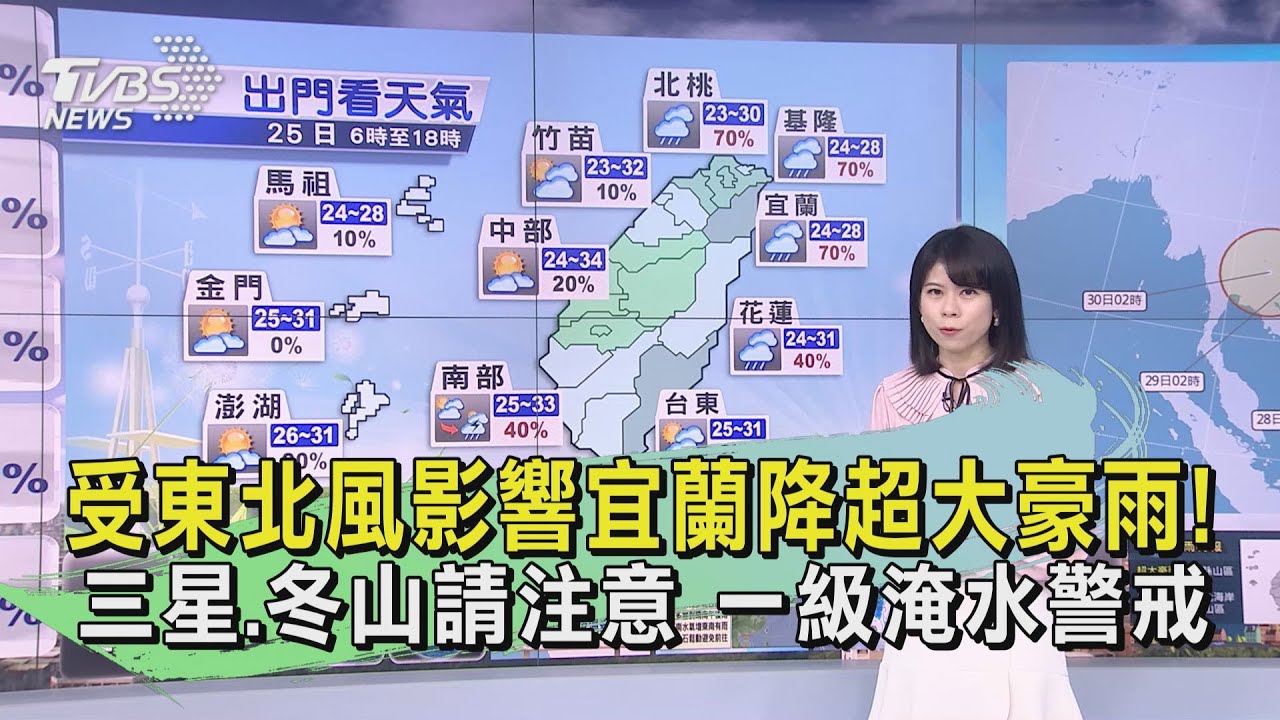 受東北風影響宜蘭降超大豪雨! 三星、冬山請注意一級淹水警戒