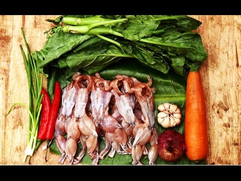 How asian chef cook the whole frogs, Stir fry vegetables chinese kale with frog