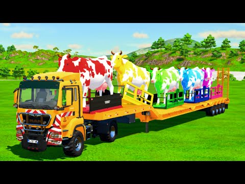 TRANSPORTING COWS WITH COLORED MINI TRACTORS ON RAINBOW COWS BRIDGE ON TRUCK - Farming Simulator 22