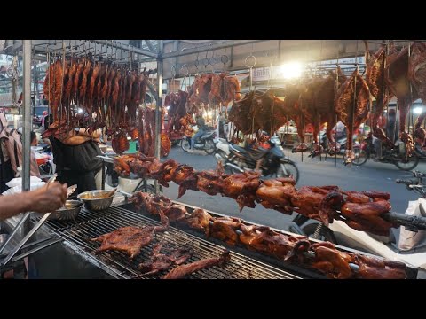 Toul Tom Puong Grill Ducks & Chicken on The Street - Evening Street Food in Town