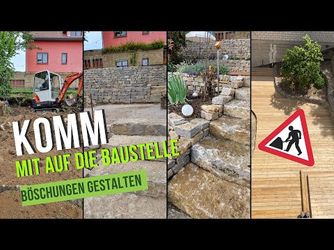 Der perfekten Hang mit Trockenmauer, Natursteintreppe, Holzdeck