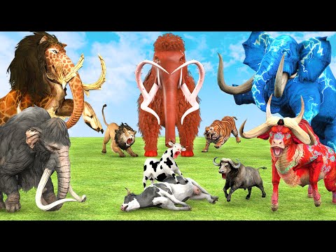 10 Mammoth Vs 10 Giant Tiger Elephant vs 10 Zombie Tiger Bull Attack Cow Buffalo Saved By Mammoth
