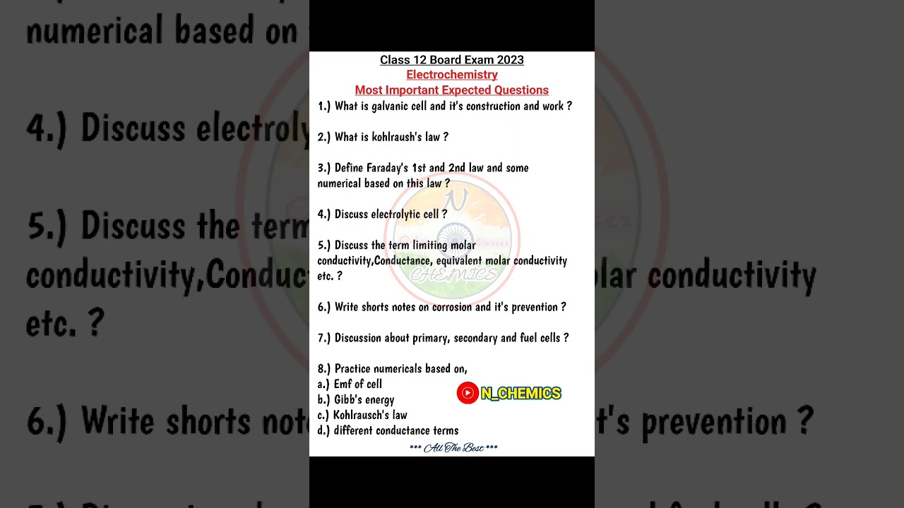 Electrochemistry most important questions for class 12 board exam 2024 #shorts #chemistry #class12