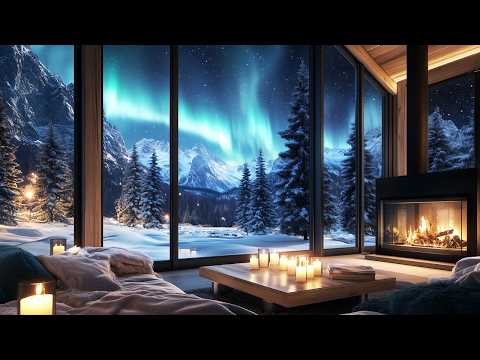 Relaxing Winter Northern Lights Ambience | Peaceful Ambiance with Crackling Fire and Light Snowfall