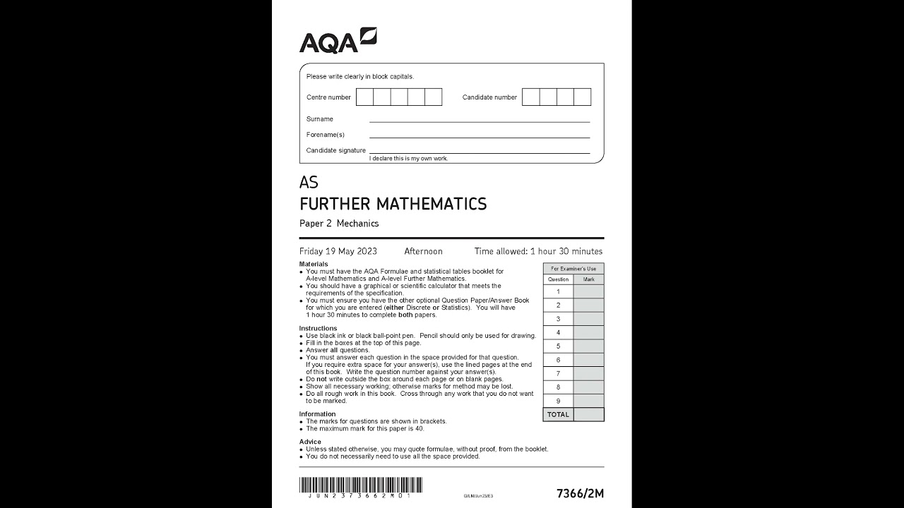AQA AS FURTHER MATHEMATICS PAPER 2 MAY 2023 QUESTION PAPER (7366/2M: Mechanics)