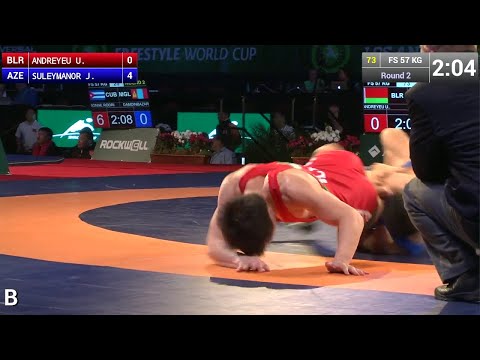 Round 2 FS - 57 kg: Jalal SULEYMANOR (AZE) df. Uladzislau ANDREYEU (BLR) by TF, 12-2