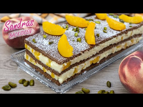 Pfirsich Sahne Schnitten | locker leichter Sckoko Biskuit | einfaches Rezept für 8 Schnitten