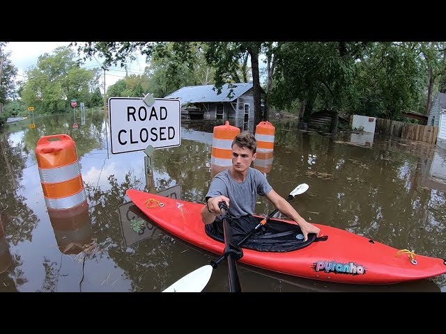 Hurricane Florence Flooding in Fayetteville, NC 17SEP2018 Kayaking Over Roads