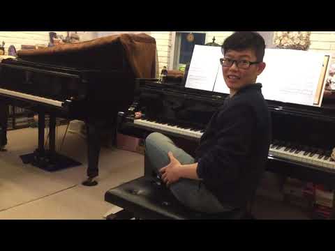 LC explaining Godowsky Waltz Poem no. 2. At soirée 2019