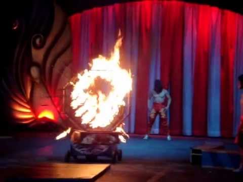Acrobatics of Jumping through a fire hoop