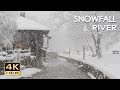 4K HDR Snowfall River Stream Sounds Heavy Snow Falling Snowy Winter Village Scenery Relax