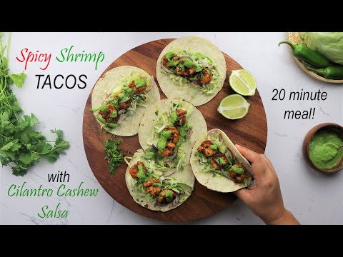 Spicy Shrimp Tacos | Honey cilantro lime slaw | Creamy jalapeno cilantro cashew salsa | Lime Thyme