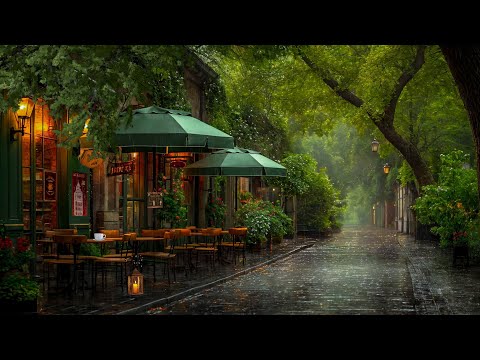 Rainy Day Outdoor Cafe Ambience ☕ Deep Jazz Music and Pleasant Rain Sound Make the Mood Relax 🌧️