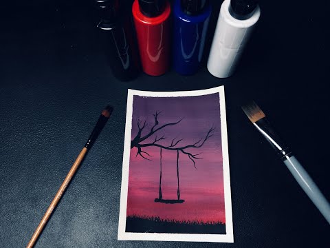 Acrylic Paint : Silhouette of Tree with Swing and Sweet Sky Drawing.