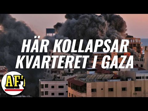 Här blir en byggnad i Gaza träffad av israeliskt flygangrepp