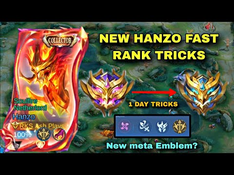 NEW HANZO FAST RANK TRICKS!!(MYTHIC TO MH IN 1DAY) HANZO NEW BEST BUILD & EMBLEM)