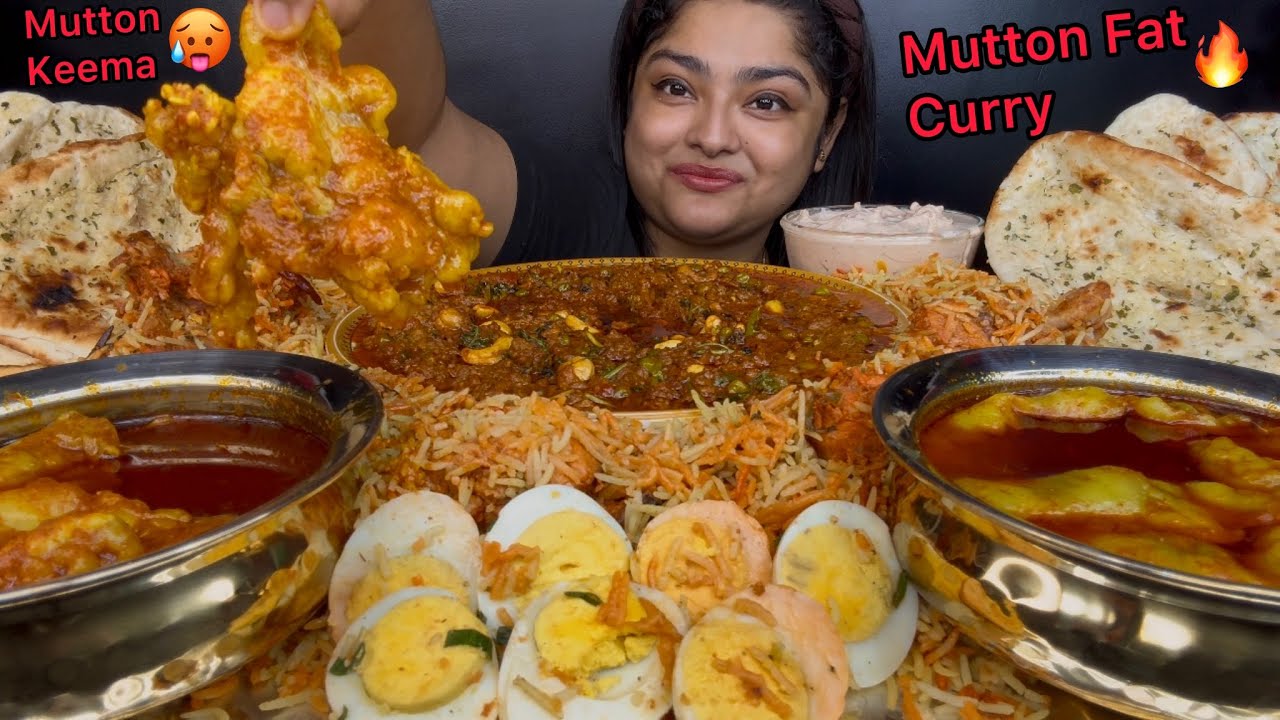 SPICY MUTTON FAT CURRY, SPICY CHICKEN TIKKA BIRYANI AND SPICY MUTTON KAJU KEEMA, BUTTER NAAN | ASMR