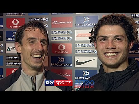 An 18-year-old Cristiano Ronaldo is helped by Gary Neville in his first English interview