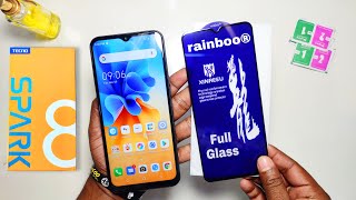 Tecno Spark 8 Rainboo Full Glass Screen Protector Install ⚡⚡ How to Properly Install Tempered Glass