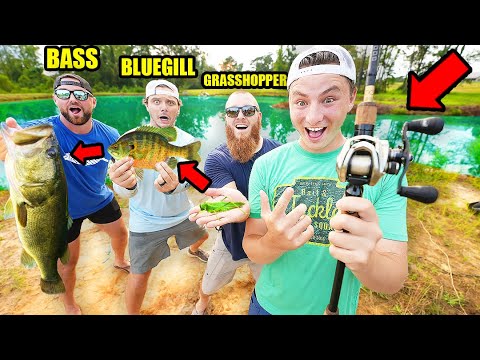 2v2 Food Chain FISHING Challenge (Grasshopper, BlueGill, Bass!)