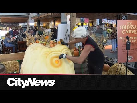 800 lb pumpkin turned into work-of-art at Calgary Farmers Market - YouTube
