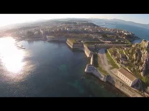 Old Fortress Corfu Town fly over Aerial 