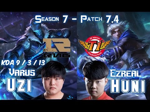 RNG Uzi VARUS vs SKT T1 Huni EZREAL ADC - Patch 7.4 KR Ranked