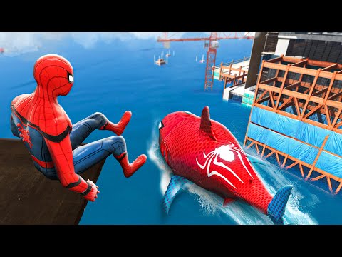 GTA 5 Water Fails - Spiderman vs SPIDER SHARK (Epic Jumps/Ragdolls) #7