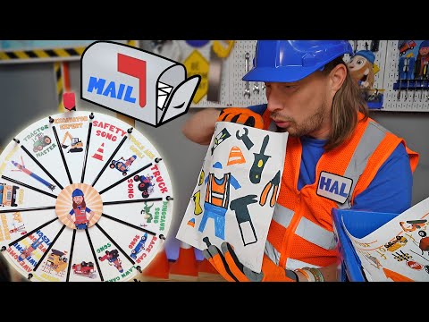 Construction worker in an orange safety vest and blue helmet holds a tool-filled coloring sheet beside a large wheel game titled with construction images.