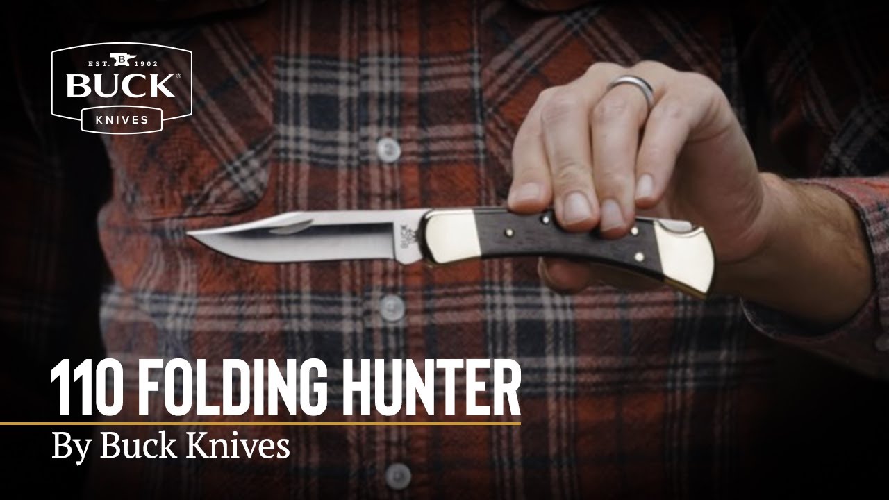 Buck 110 AUTO Folding Hunter 3.75 Plain Blade, Ebony Wood Handles, Leather  Sheath - KnifeCenter - 11197