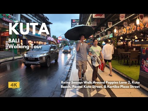 KUTA, Bali Rainy Season Walk Around Poppies Lane 2, Kuta Beach, & Kartika Plaza Bali Walking Tour 4K