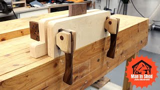 Moxon bankschroef, geheel van hout, zonder metalen onderdelen, met camlocks. Uitvoering voor hardhout.