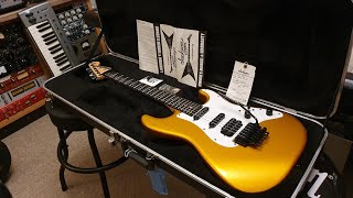Video thumbnail for Jackson USA Adrian Smith Iron Maiden Signature San Dimas Strat Aztec Gold Guitar Up Close Review by Essex Recording Studios