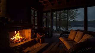Cabin on Heavy Rainy day | Fireplace & Lake Sounds for Relaxation and Sleep (24 Hours)