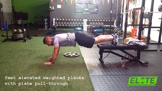 Weighted Plank with Feet Elevated and Plate Pull Through