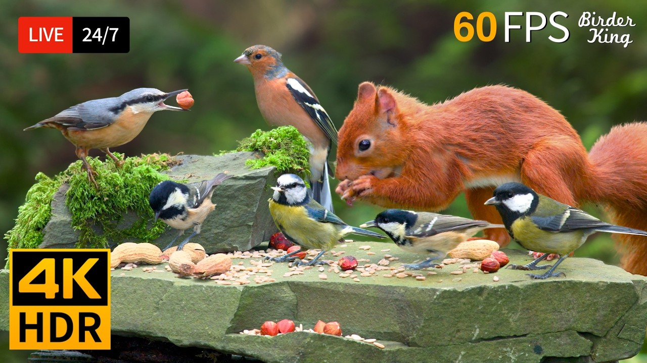 🔴 24/7 LIVE: Cat TV 😺 Charming Backyard Birds and Squirrels 🐦 Cat Games 4K HDR