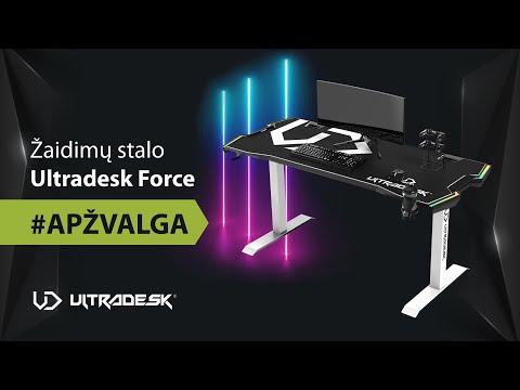 Žaidimų stalas Ultradesk Force Gaming Desk, LED RGB Prismatic, Baltas su juodu kilimėliu video