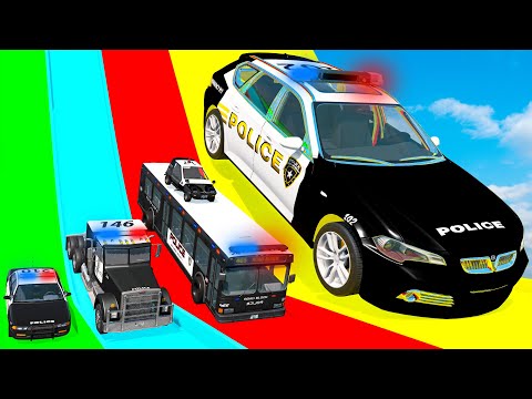 Giant & Small Police Car vs Portal Trap with Slide Colors – Cars vs Trains – BeamNG.Drive