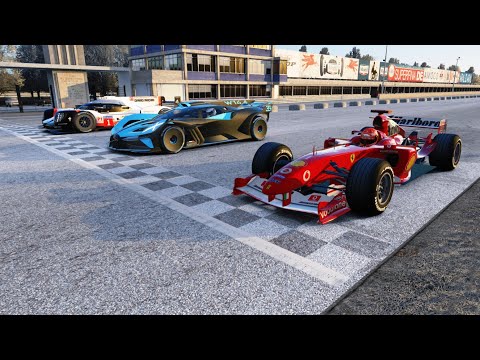 F1 Ferrari F2004 Michael Schumacher vs Bugatti Bolide vs Porsche 919 Hybrid at Monza Full Course
