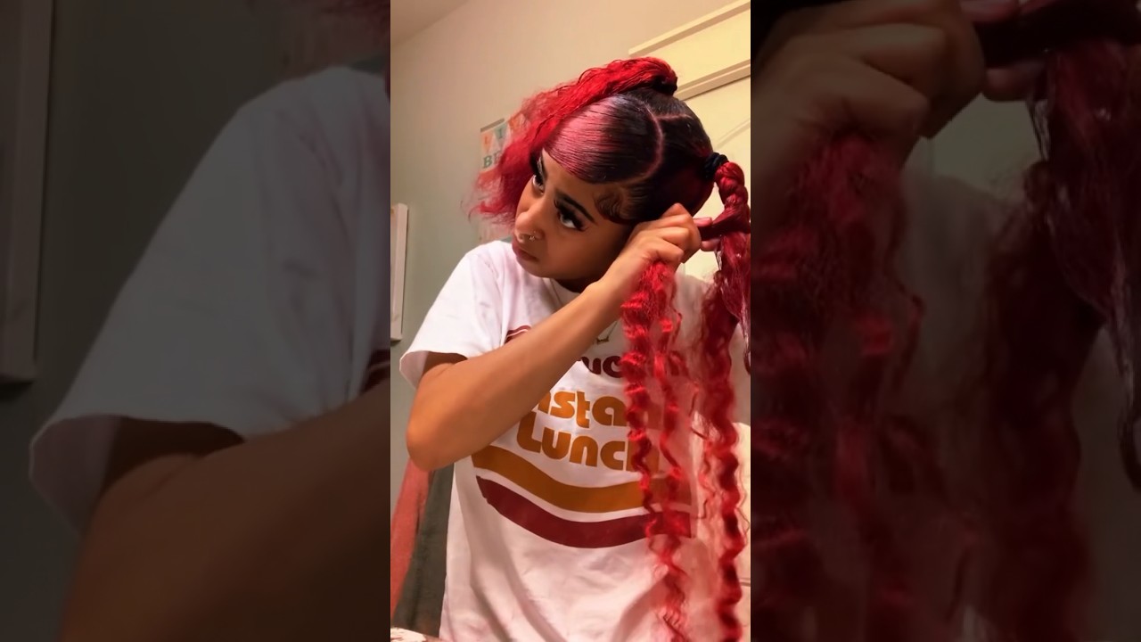 2 Braids Pigtails Sleek On Natural Hair❤️Red Hair Dye & Swoop Bang Tutorial Ft.#ulahair #viral