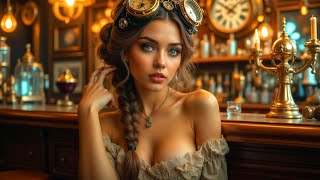 Steampunk futuristic AI short film retro futurism timeless wonders AI cards.